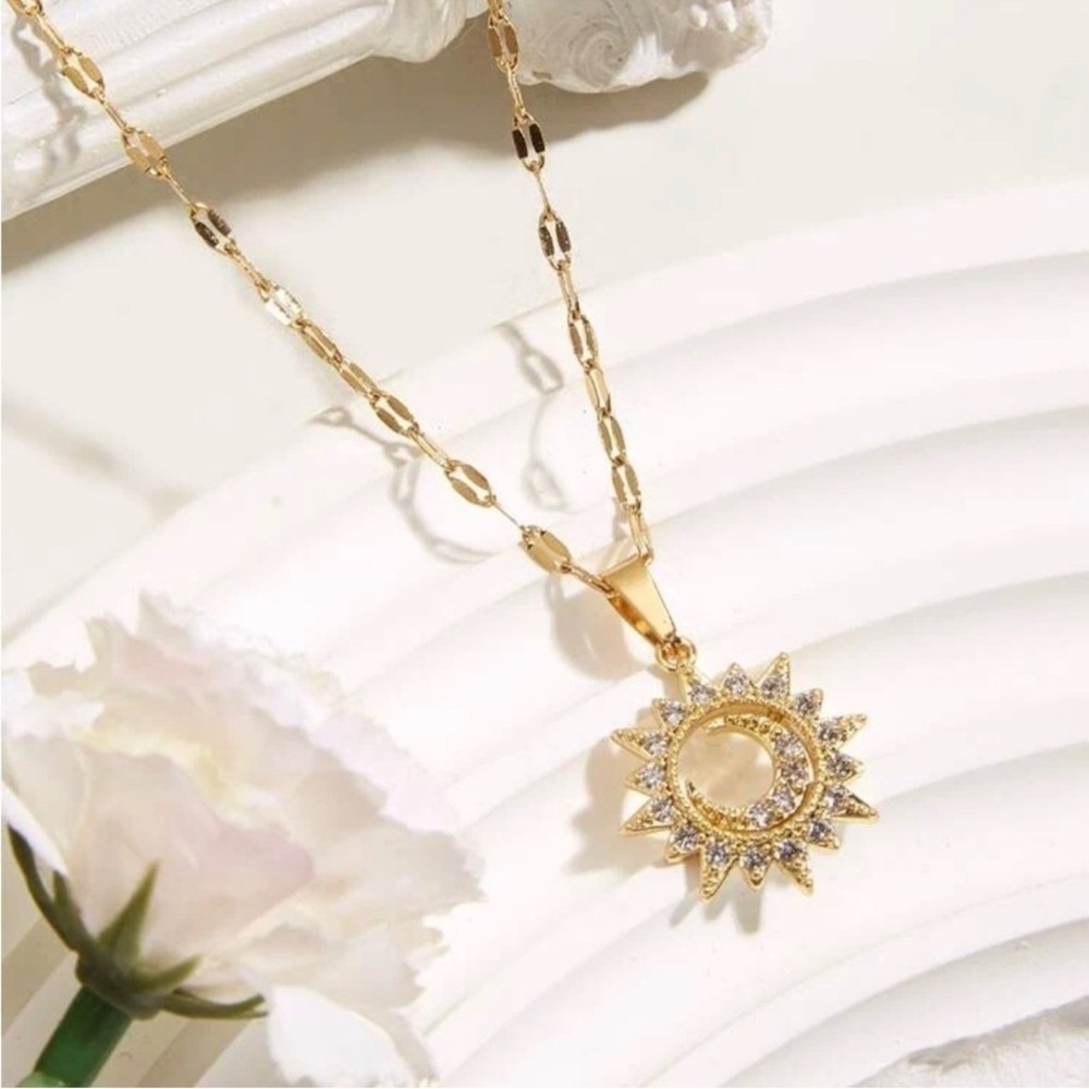 Gold Plated Stainless Steel Rhinestone Sun & Moon Pendant Necklace